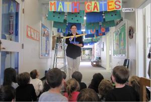 Mount Vernon Elementary School students in the school hallway, where they put in an algebra-related art installation.