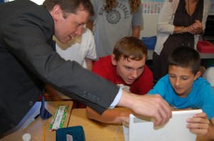 DSC_0145 Sixth grade students at Fairview Elementary School in Auburn show Commissioner Bowen their work making a movie about Greek gods.