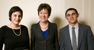 Senator Susan Collins, a 1971 USSYP delegate, with Maine’s 2012 USSYP delegates, Julia Brown, of Brunswick High School, and Adam Cohen, of Scarborough High School.