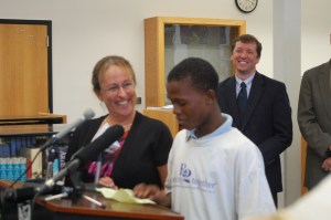 Linda St. Andre, principal of Governor James B. Longley Elementary School,  and her sixth grade student, Yousif Ahmed, spoke about his path to English literacy after moving to Maine from Yemen.