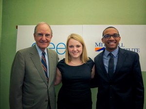 Senator George Mitchell with 2012 Mitchell Institute international fellows Amanda Hall, of Yale University, and Spencer Traylor, of Colby College, at a post-internship celebration.