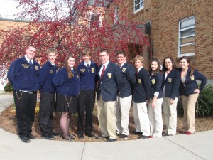 Maine FFA state officers (four on left) and FBLA state officers joined forces to provide leadership training to high school students at the Augusta Armory.