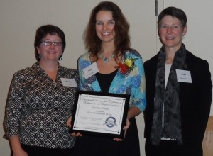 Finalist Elizabeth Vickery (center) with former science finalist Margo Murphy (left) and Maine DOE Science and Technology Specialist Anita Bernhardt.