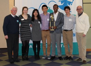 Waynflete School students accept trophy for winning the state competition for LifeSmarts, the ultimate consumer challenge.
