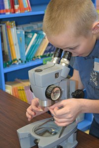 Fourth grade student Colin Trudelle uses a microscope to study fiber investigation.