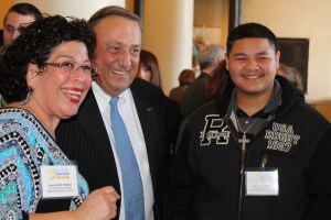 Teacher of the year semi-finalist Suzen Polk-Hoffses, kindergarten teacher at Milbridge Elementary School, with Governor LePage and Millbridge student Juan Jose Castillo.