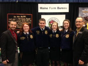 Maine FFA State Officers at Maine Farm Bureau Display Left to right:  Representative Anthony J. Edgecomb, Maine House District 148 (Fort Fairfield), Carly Grass, Maine FFA Vice President, Tyler Raymond, Maine FFA Reporter-Sentinel, Jordan Canney, Maine FFA Secretary-Treasurer, Whitnie Bradbury, Maine FFA President, Senator Peter Edgecomb, Maine Senate District 1 (Caribou).
