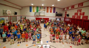 Minot Consolidated School students gather in the school's gymnasium