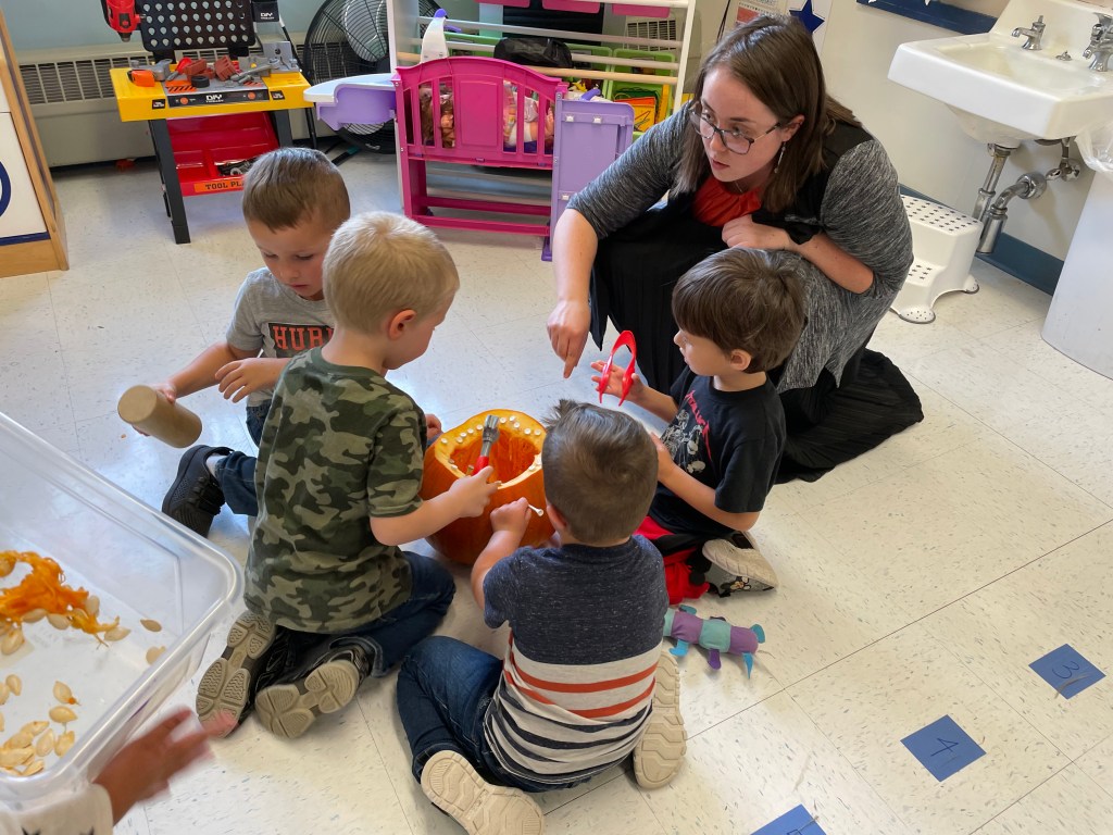 Teacher, Monica Jodrey from Cave Hill School in RSU 24 integrated science, math, fine motor and language development into a pumpkin exploration that kept her whole class engaged for the afternoon