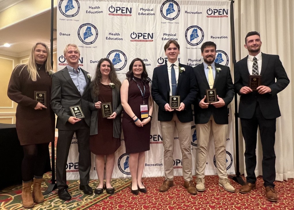 Pictured L to R: Sarah Wentworth - University of Maine at Orono, Zachery Creekmore - St. Joseph's College, Brecken Sargent - University of Maine at Presque Isle,(Maine AHPERD President Kayla McGee), Tyler Calhoun - University of New England, Jonah Sautter - University of Maine at Farmington, Jacob Mulligan - University of Maine at Orono 