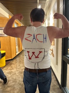 Dominic showcasing the t-shirts he made to root for his friend competing in SkillsUSA this year. 