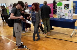 Credit union volunteers discuss housing options with students based on their income. 
