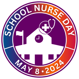 A round logo that says "School Nurse Day May 8 2024" witha gradient of blue, purple and orange and an illustration of school in the center.