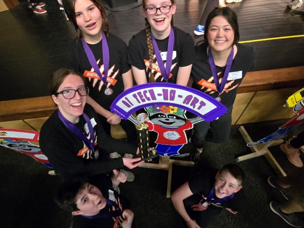 Biddeford High School’s Technical Team named Maine State Odyssey of the Mind State Champions and World Finalists. Left to right: James Cote, Emma Cote, Lara Galiardi, Kayla Arsenault, Ella Ireland, and Kyle Perkins.
