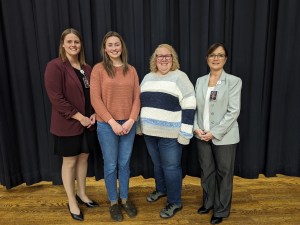 Claire Ouelette with her Superintendent Jane McCall, her Social Studies teacher Allison Ladner (who nominated her), and Principal Jamie Selfridge