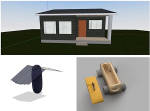 an affordable housing design with a portable, solar-powered heater for the homeless population, and a caddy for collecting gray water.