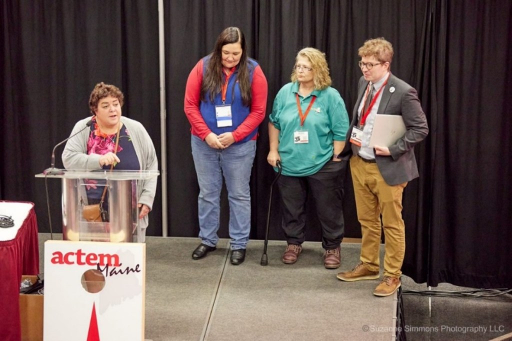 ACHIEVE Award being given to teacher Cathy Morse from the Lubec Consolidated School