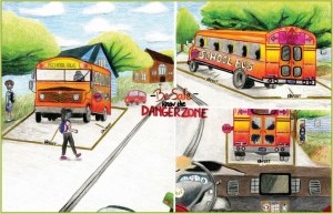 3 color drawings of school buses showing safety measures for drivers