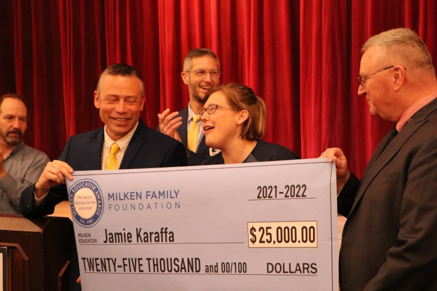 Eighth Grade Social Studies Teacher Jamie Karaffa Surprised with Milken Educator&nbsp;Award