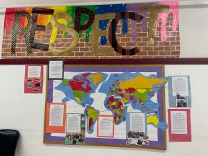The bulletin board Archer put together highlighting her students’ cultures