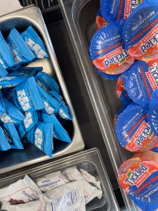 Food in colorful packages.