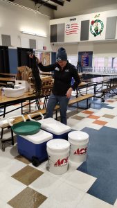 Keri Kaczor arrives with seaweed buckets at WES.