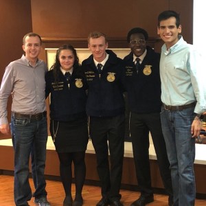 • Maine FFA State President Nickie Deschaine and State Vice President Lane McCrum with (left to right): Paxton Dahmer (trainer), Erik Robinson (National Officer), David Lopez (trainer)