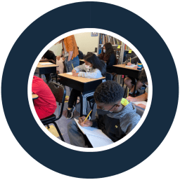 A large circle with a thick navy line around it, and a picture of students working at their desks wearing masks .