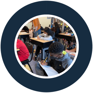 A large circle with a thick navy line around it, and a picture of students working at their desks wearing masks .