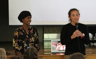 Hawo Abdille, Lewiston Public Schools English Language Learner (ELL) Intake Coordinator and Dani Finn, Principal of Carrie Ricker Elementary School