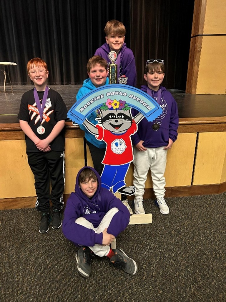 Biddeford Middle School’s Performance Team are Maine State Odyssey of the Mind 2nd place winners and World Finalists. Left to right: Cooper Crockett, Bentley Hale (floor), Harrison Buchanan, Wyatt Harper, and Anthony Ramunno.