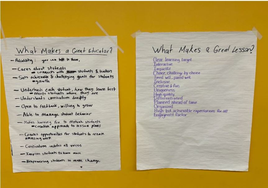 Anchor charts created by students in the 2023 Casco Teaches intensive. Students reflected on both personal experiences in school and texts and videos about education to brainstorm what makes a great educator and what makes a great lesson.