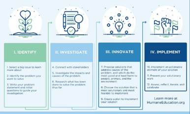 A blue info Graphic that says: Phase 1: IDENTIFY 1. Select a big issue to learn more about 2. Identify the problem you want to solve 3. Write your problem statement and initial questions to guide your investigation Phase 2: INVESTIGATE 4. Connect with stakeholders 5. Investigate the impacts and causes of the problem 6. Research what has been done to solve the problem thus far Phase 3: INNOVATE 7. Propose solutions that address causes and do the most good and least harm to people, animals and the environment 8. Choose the solution that is most Solutionary and most feasible to implement 9. Create a plan to implement your solution Phase 4: IMPLEMENT 10. Implement an actionable element of your solution 11. Present your Solutionary work 12. Assess, reflect, iterate and celebrate