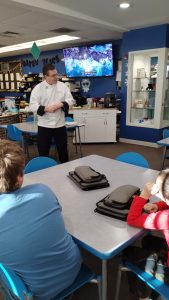 Chef Andrew shares the story of his recipe--an innovation for seaweed--the Seaweed-ish Meatball with students in the Windsor Learning Commons.