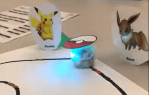 An Ozobot being used at Nesrene Griffin’s Pokemon-themed station during a Family Coding Night at Connors Elementary School in Lewiston.