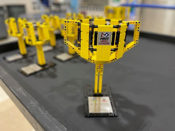 The FIRST Lego League trophies ready to go.