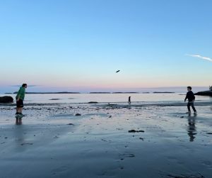Students are silhouetted playing on the beach at sunset.