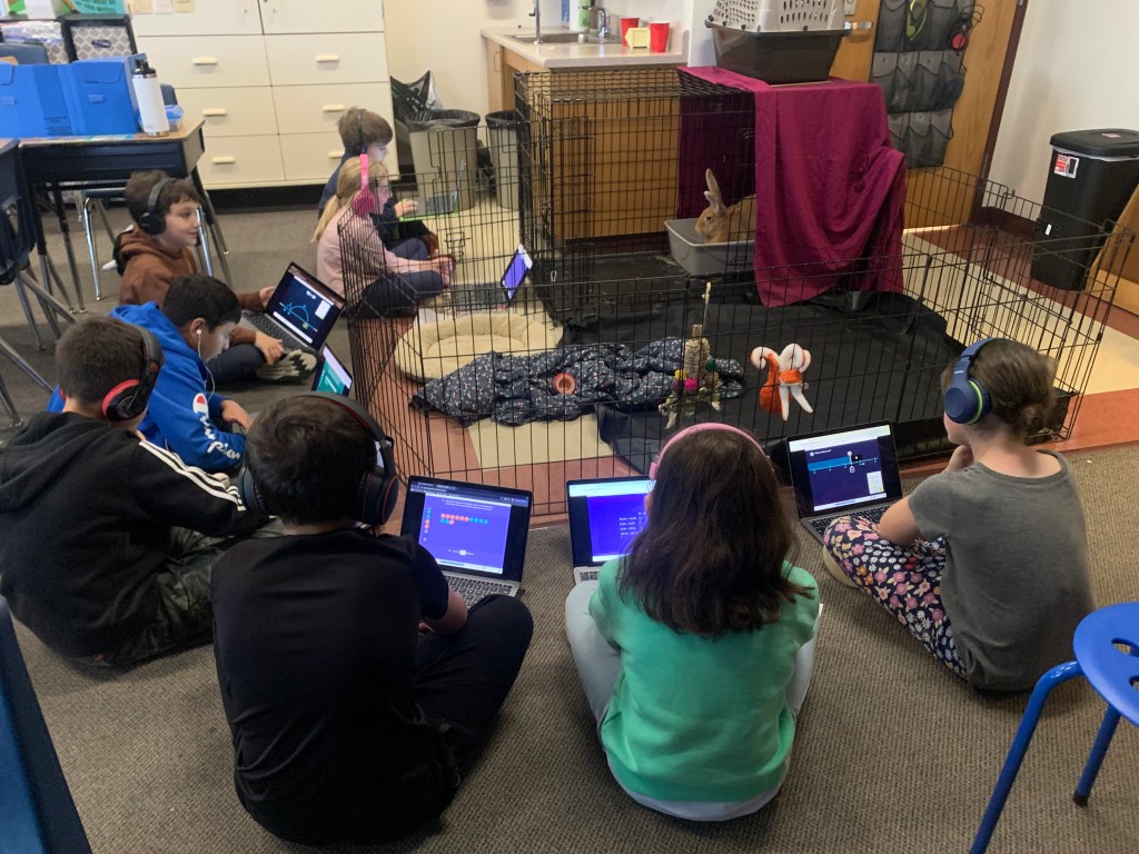 students sitting around the bunny's cage.