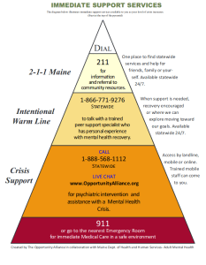 triangle with phone numbers for help. Call 211, or 911 for an emergency