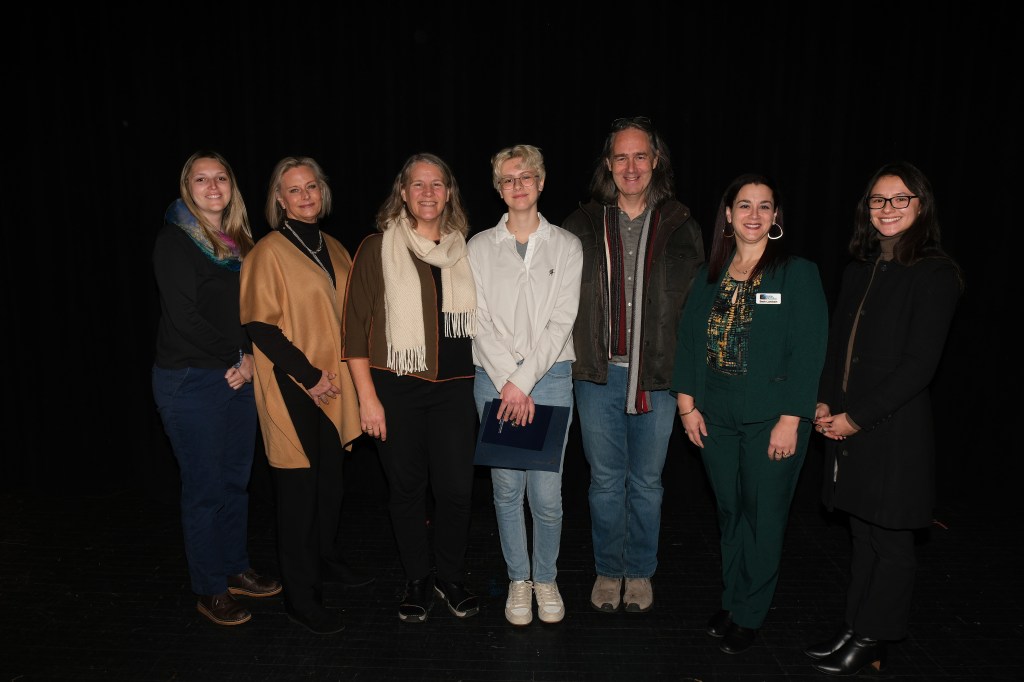Sarah Stanley, York County Regional Representative, Senator Angus King; Pamela Buck, State Office Representative, Senator Susan Collins; Delilah Poupore, Sam's mother; Sam Drummey; Jonathan Drummey, Sam's father; Beth Lambert, Chief Teaching and Learning Officer, Maine Department of Education; Vanessa Diaz Gaumond, Youth Programs Coordinator, Maine Department of the Secretary of State