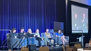 The Work-based Learning to Engage Local Youth panel featured Brewer High School ELO students Luke and Aiden, Kelly Flagg, Executive Director of Associated General Contractors, Hannah Greene from Educate ME, Michael Scannell a Maine Aquaculture Apprentice, and Karen Morin, Adult Education Career Navigator.