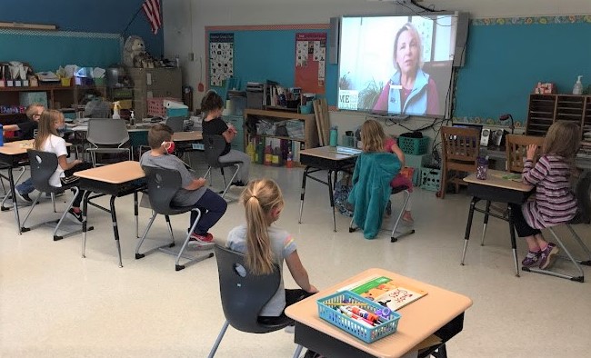 Second graders at Etna-Dixmont School enjoy author Maribeth Boelts’s virtual book reading.
