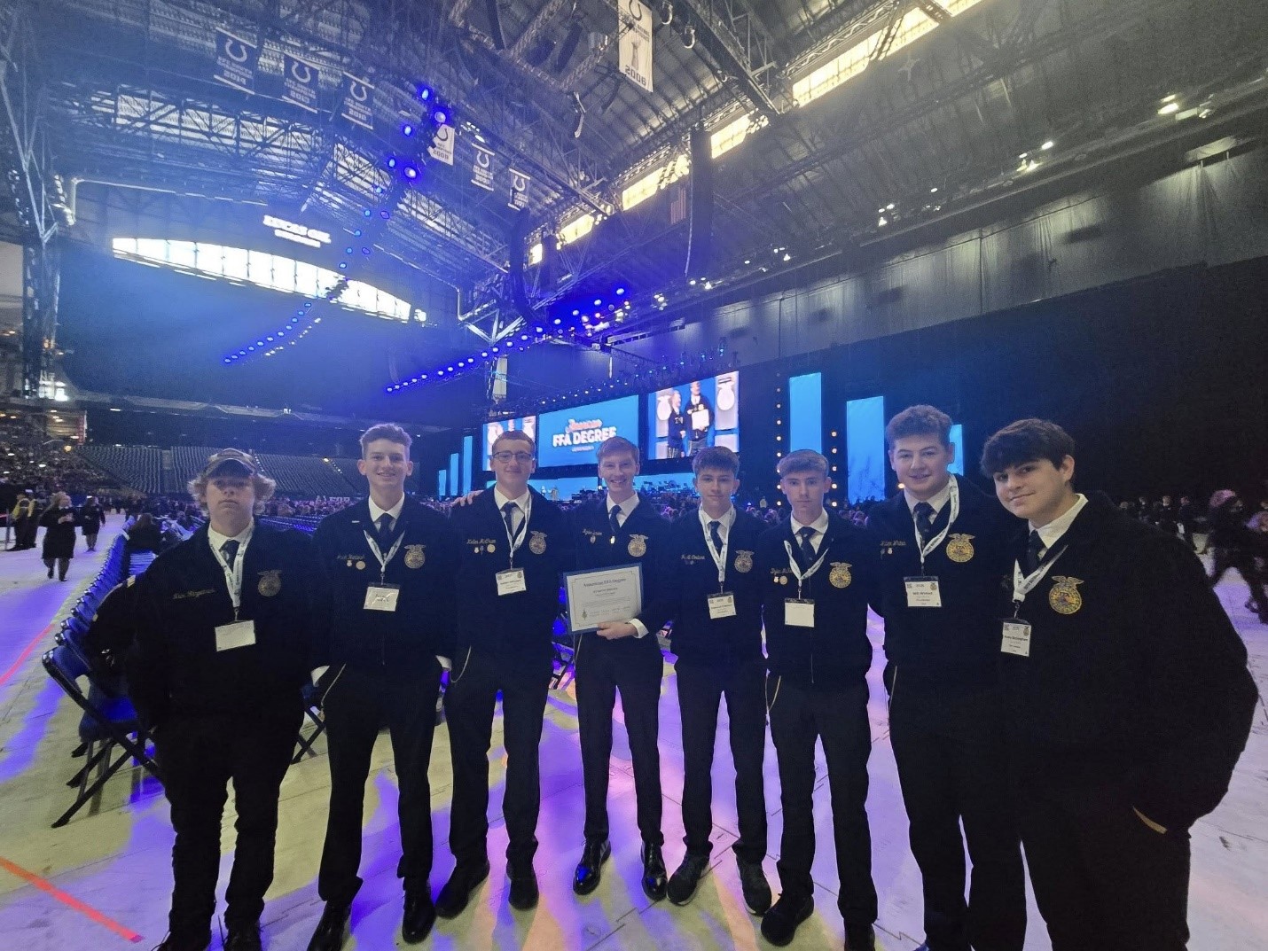Members of the Mars Hill FFA Chapter celebrate Ryder Brewer (Center), recipient of the American Degree.