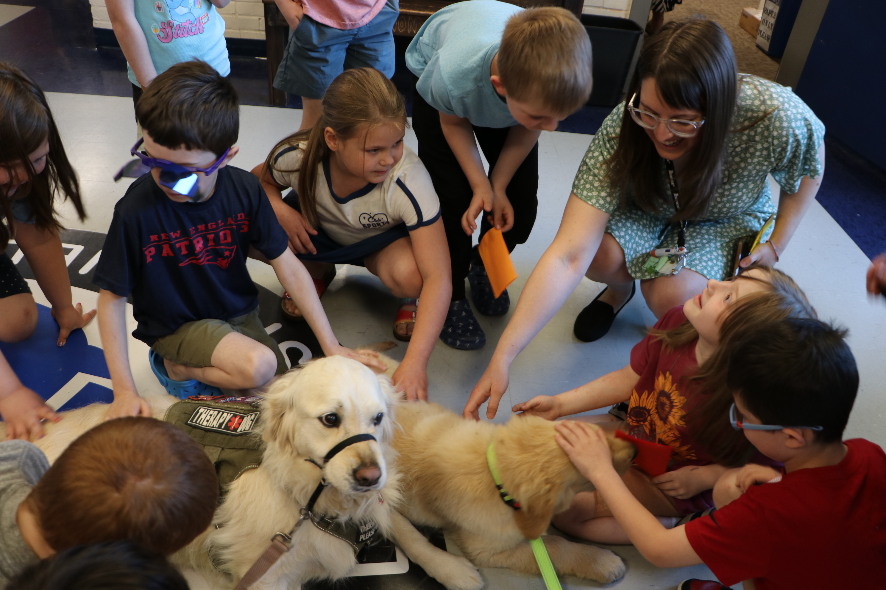 Second-grade teacher Jessica Harvey leans down to pet the dogs with her students.