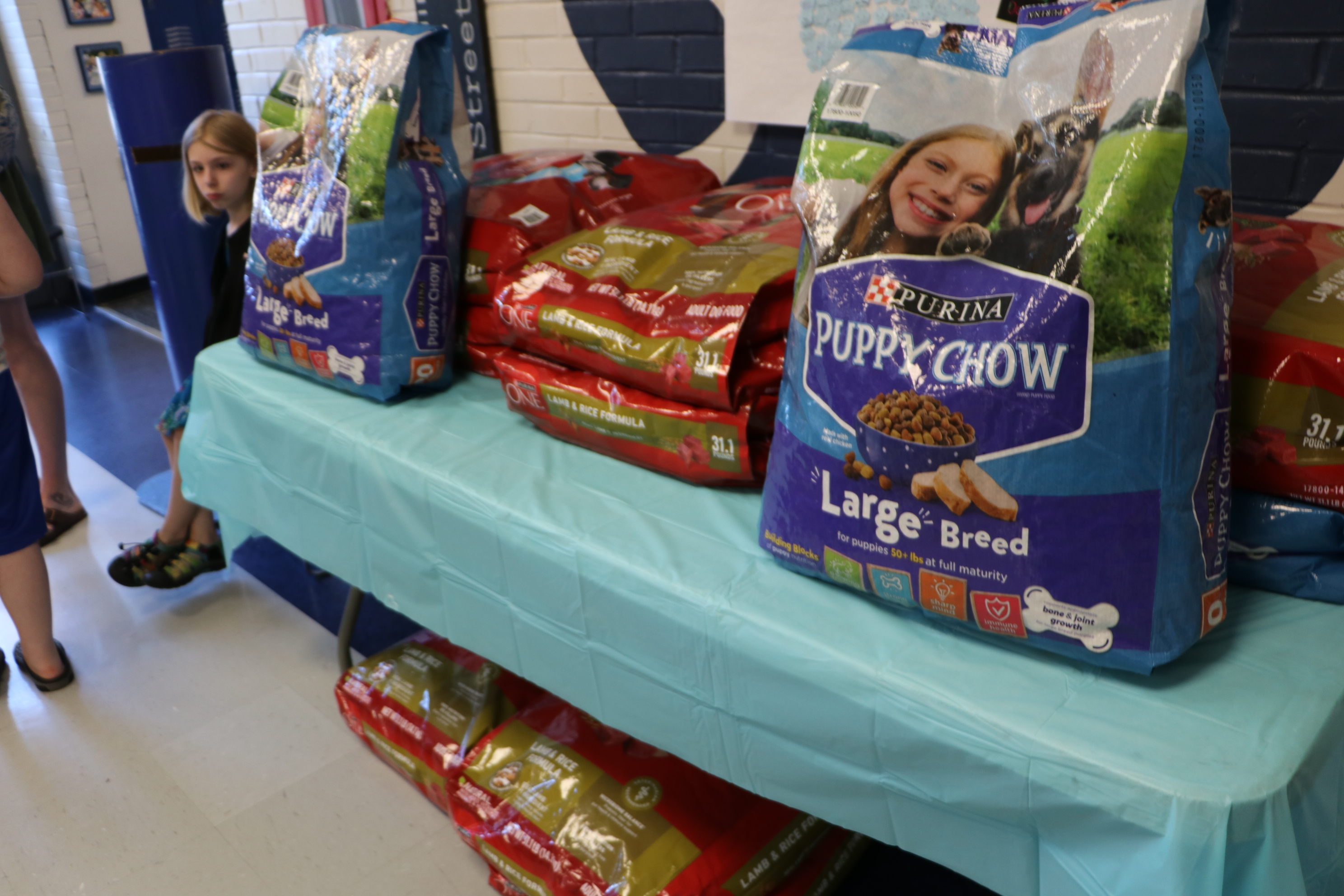 Dog food is piled on a table ready to be donated to mission working dogs.