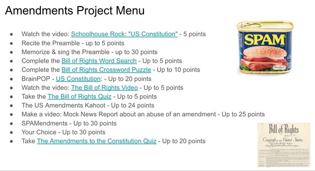 An example of a project menu exploring the amendments to the US Constitution.