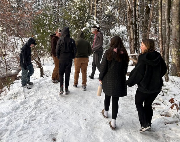 Sheepscot students on a pond loop walk following a fresh snow.