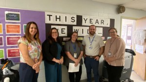 Melissa Didham (Tasmania, Australia), Sarah Smith (Tasmania, Australia), Ashlee Moody, (PBIS coach at Wetherbee), Matthew Lindemann (Principal of Wetherbee), and Courtney Angelosante (UMaine)